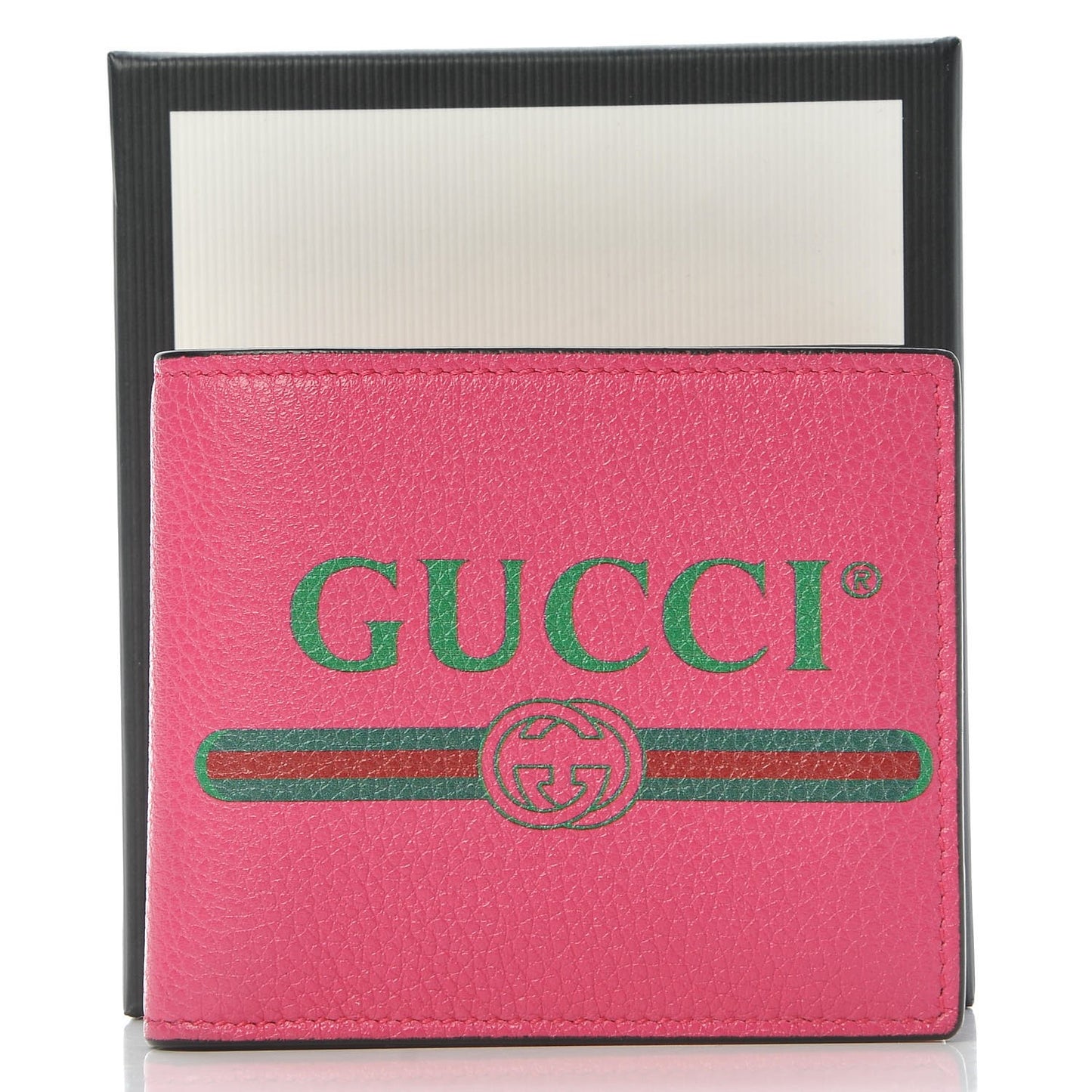 Grained Calfskin Logo Bi-Fold Wallet Box Pink Green