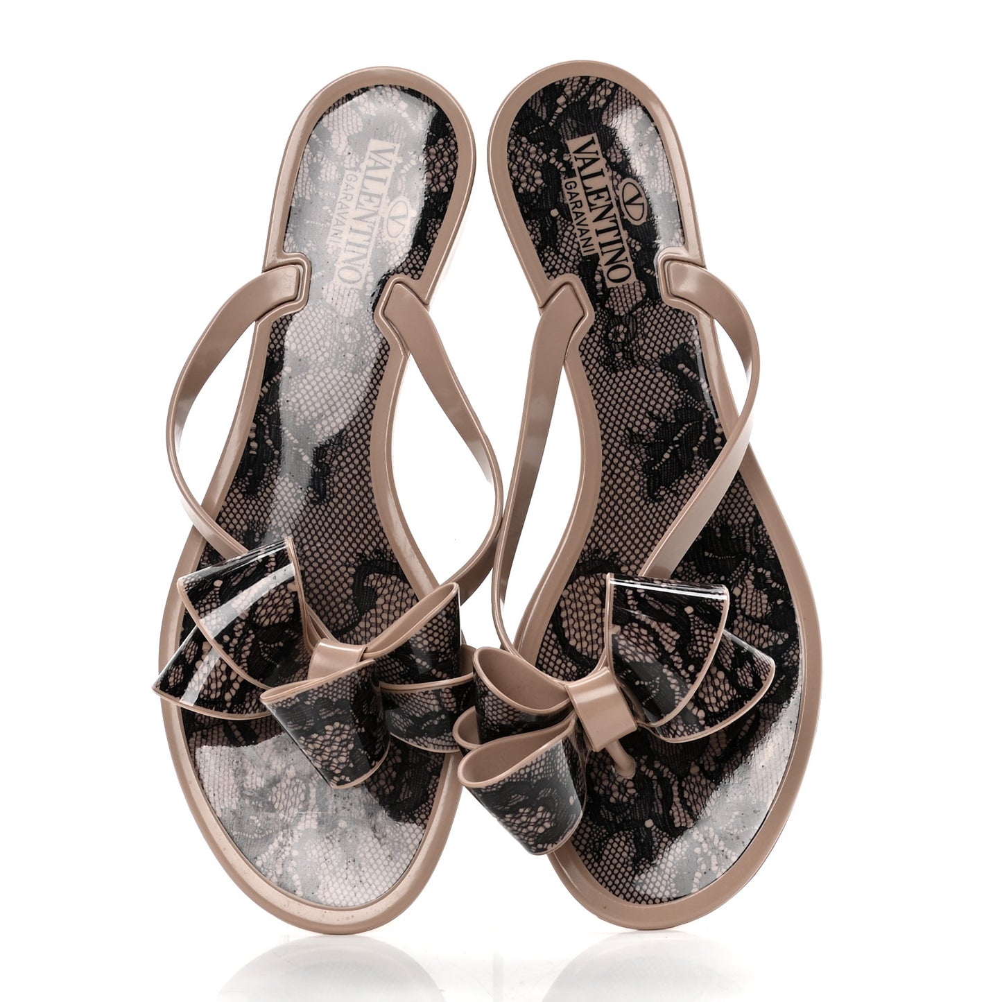 PVC Jelly Lace Print Bow Thong Sandals 38 Black Poudre