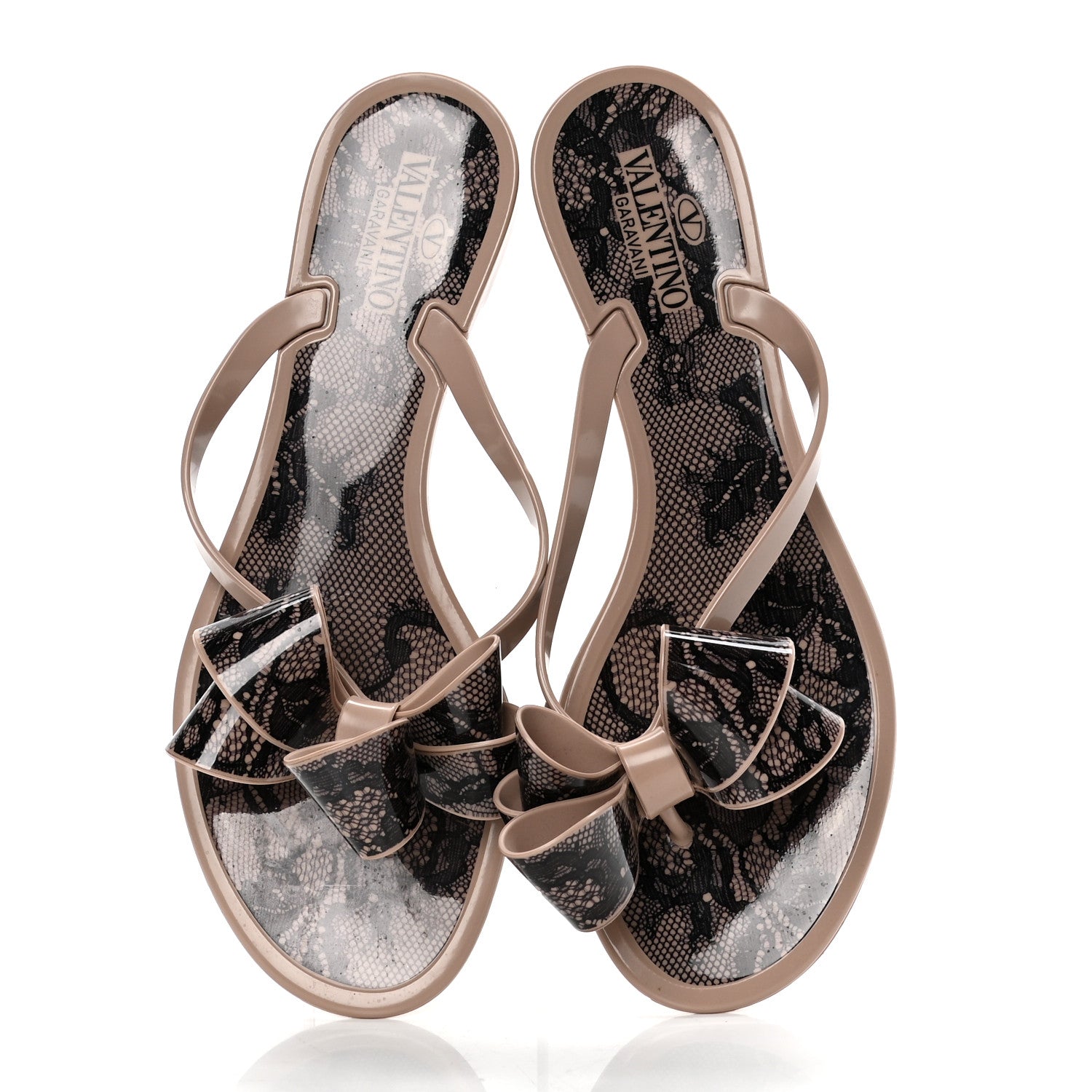 Valentino Garavani PVC Jelly Lace Print Bow Thong Sandals 38 Black Poudre 5 of 9