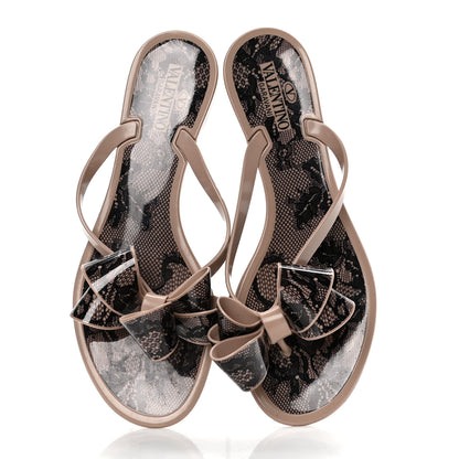 Valentino Garavani PVC Jelly Lace Print Bow Thong Sandals 38 Black Poudre 5 of 9