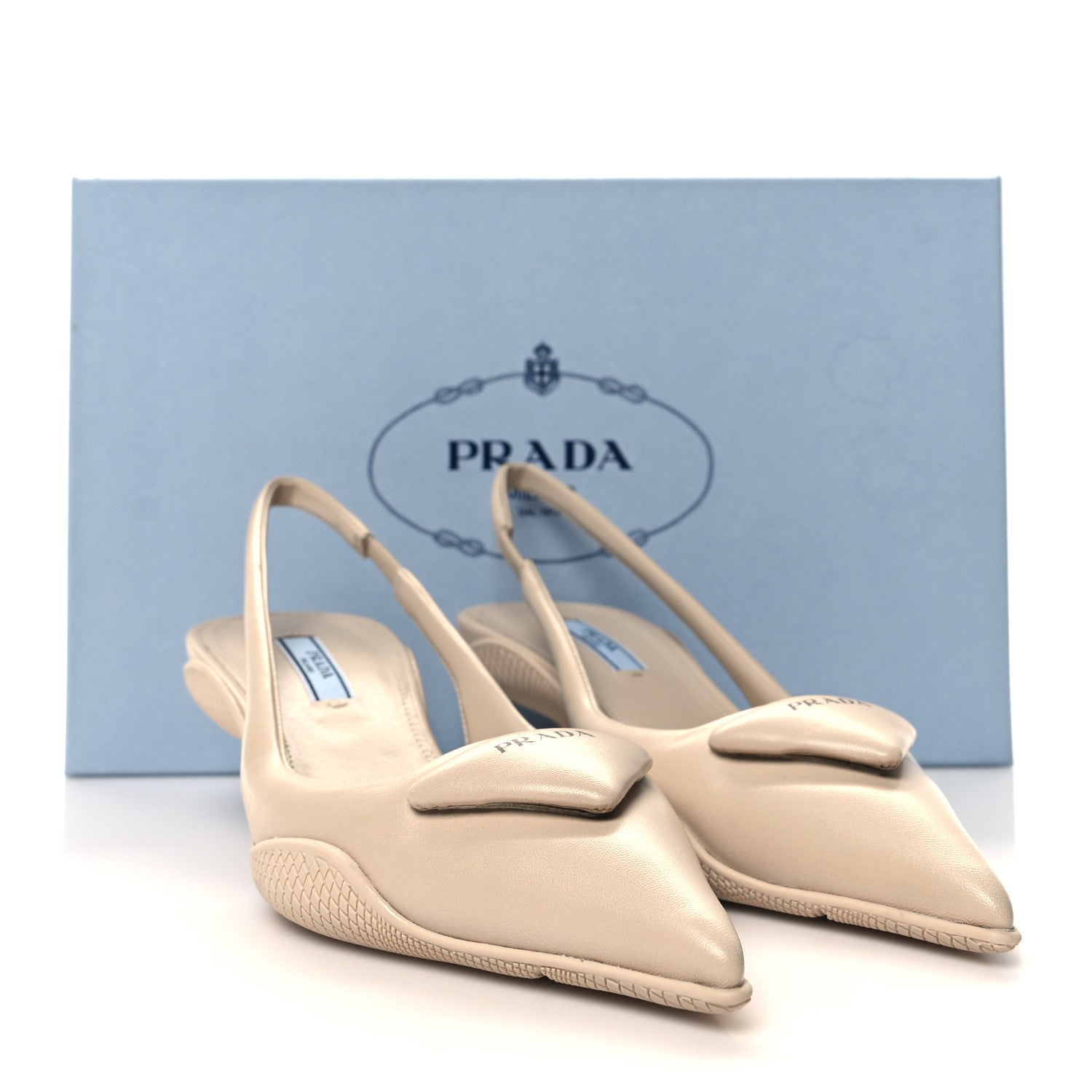 Prada Spazzolato Triangle Logo Pointed Toe 45mm Slingback Pumps 36 Deserto 9 of 9