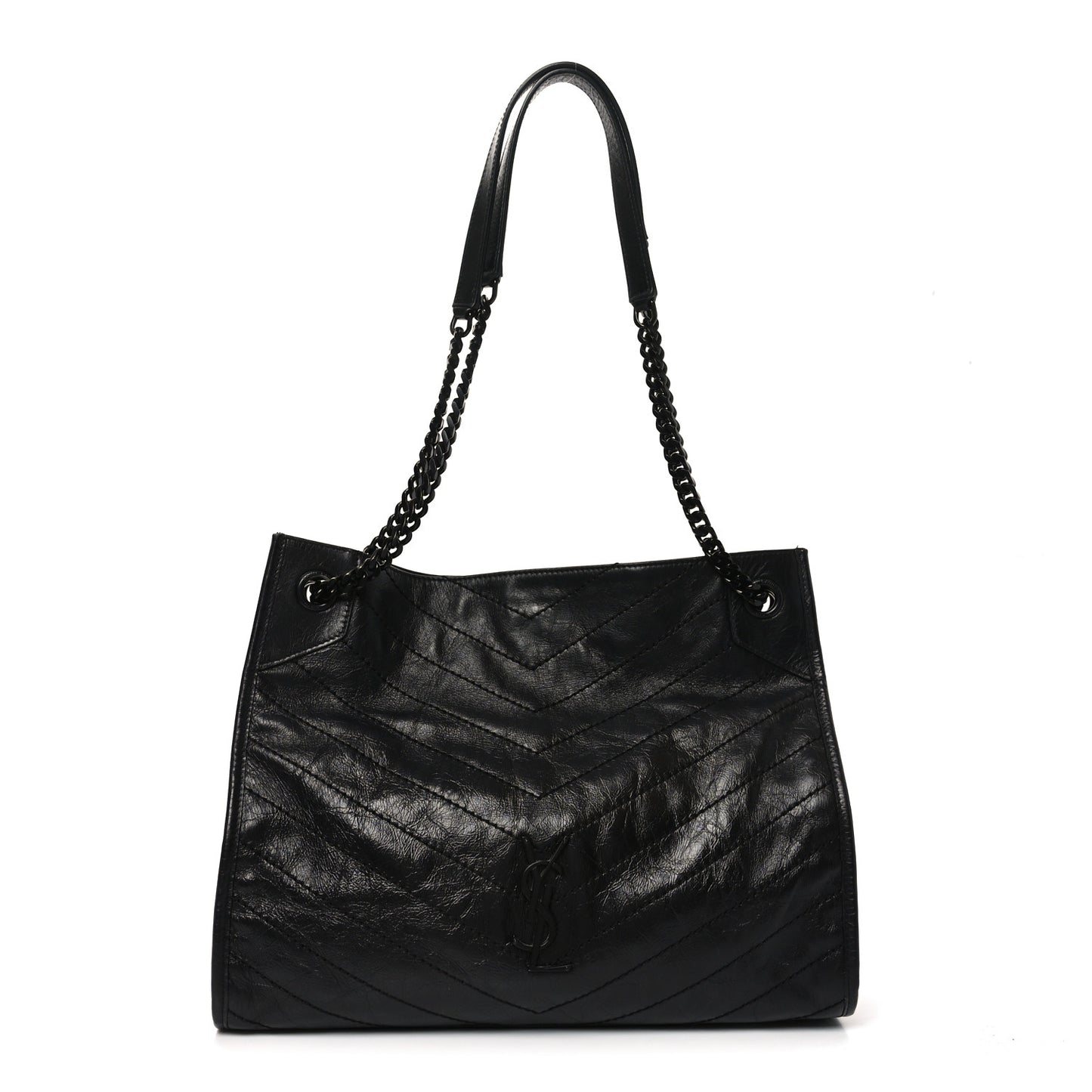 Crinkled Calfskin Matelasse Monogram Medium Niki Shopper Tote Black