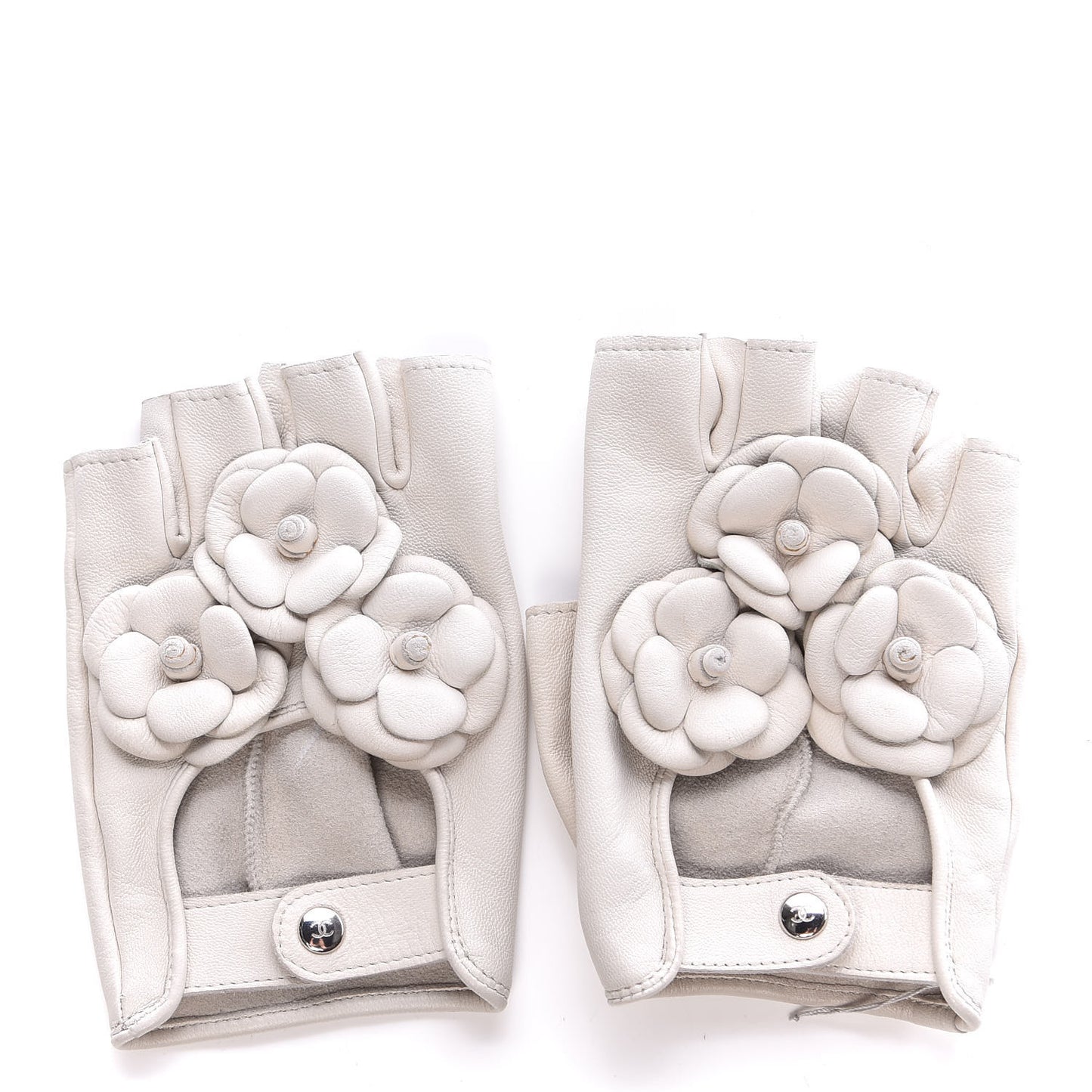 Lambskin Camellia Fingerless Gloves 7 White