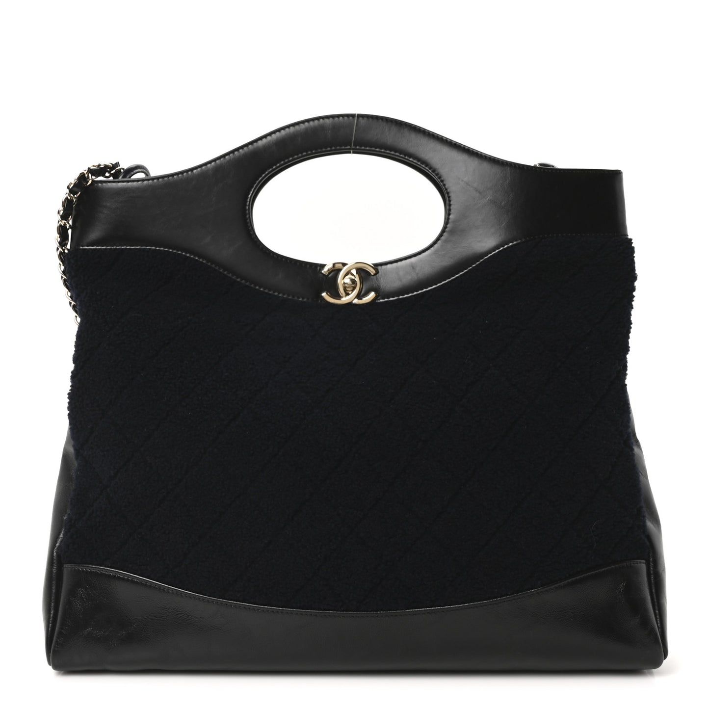 Shiny Crumpled Calfskin Wool Large 31 Shopping Bag Navy Blue Black