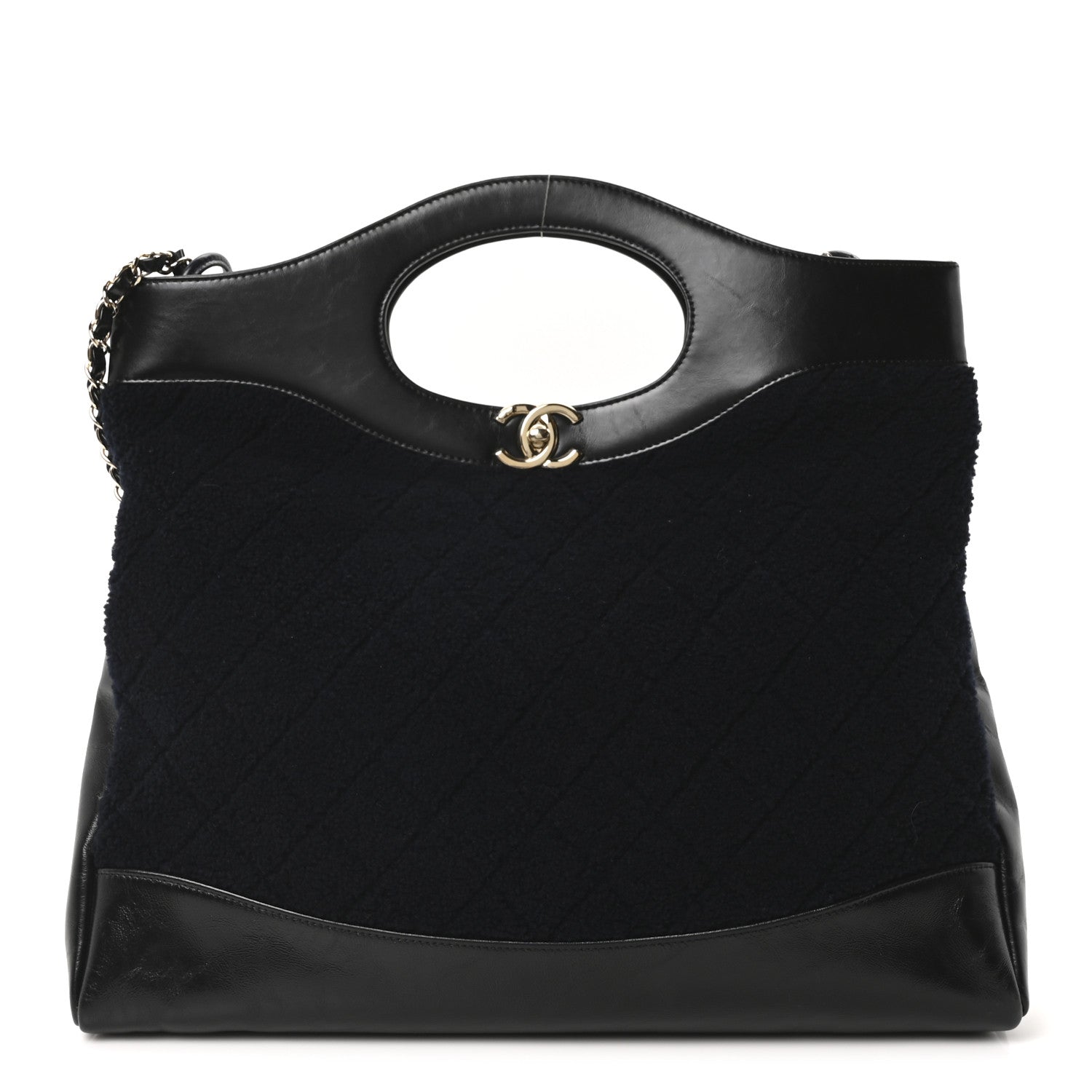 Chanel Shiny Crumpled Calfskin Wool Large 31 Shopping Bag Navy Blue Black 1 of 10