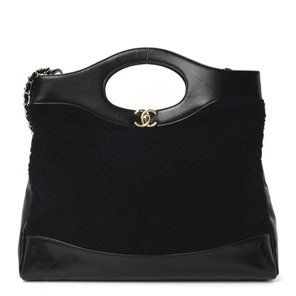Chanel Shiny Crumpled Calfskin Wool Large 31 Shopping Bag Navy Blue Black 1 of 10