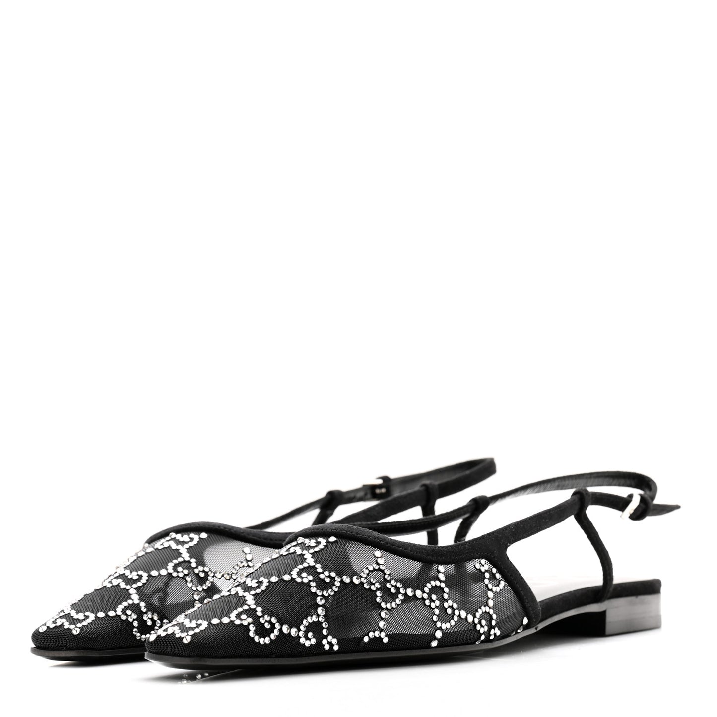 Tela Retino Kid Scamosciato Crystal GG Monogram Square G Slingback Flat 38 Black