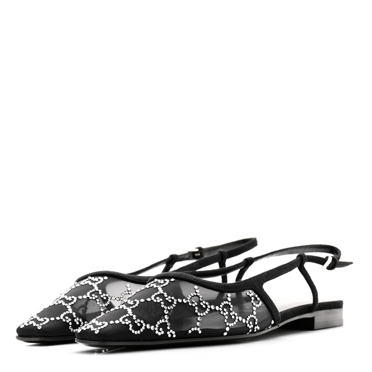 Gucci Tela Retino Kid Scamosciato Crystal GG Monogram Square G Slingback Flat 38 Black 3 of 8