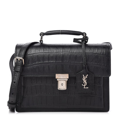 Saint Laurent Calfskin Crocodile Embossed Medium High School Satchel Black 1 of 9