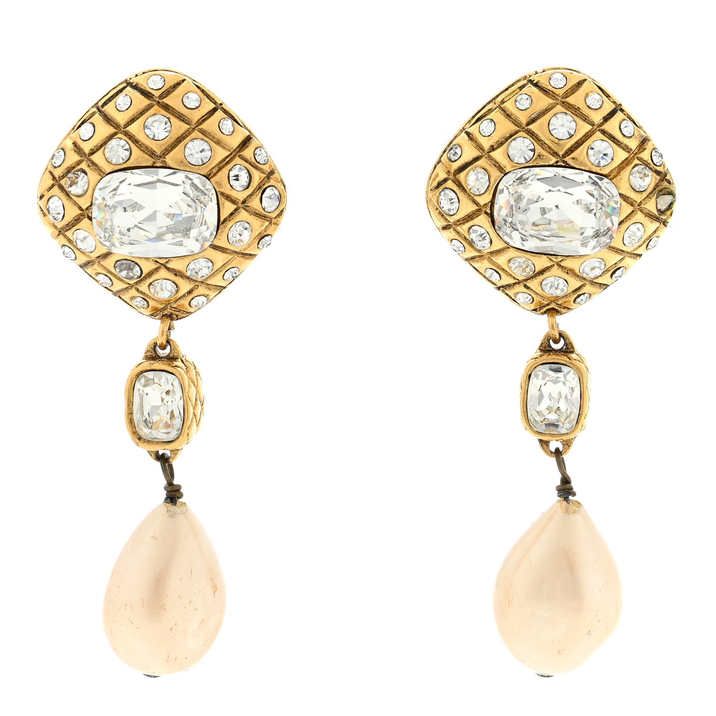 Metal Crystal Pearl Quilted Drop Clip-On Earrings Gold