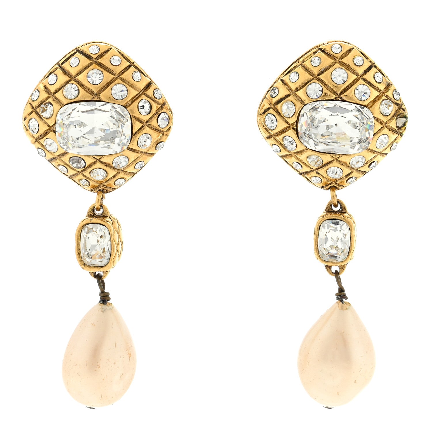 Chanel Metal Crystal Pearl Quilted Drop Clip-On Earrings Gold 1 of 4
