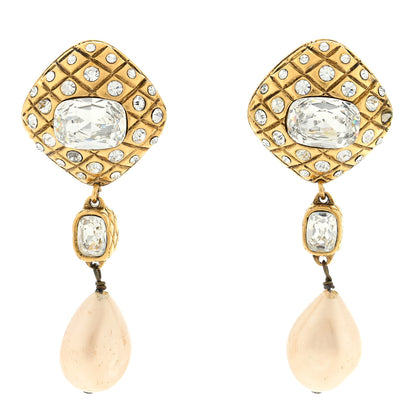 Chanel Metal Crystal Pearl Quilted Drop Clip-On Earrings Gold 1 of 4