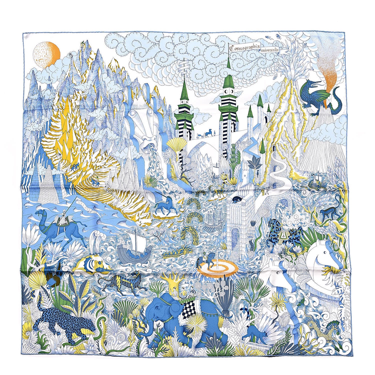 Hermes Silk Cosmographia Universalis Scarf 90 White Bleu Vert 1 of 6
