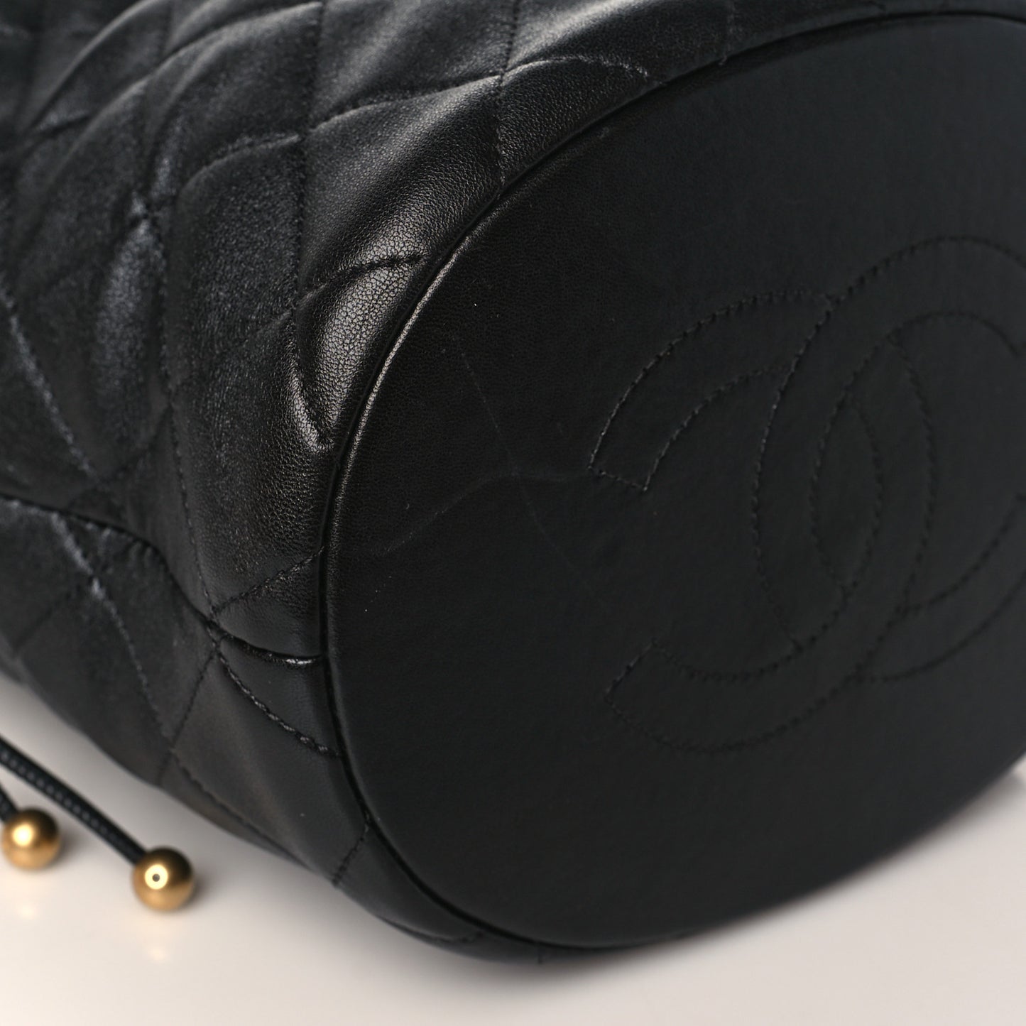 Shiny Lambskin Quilted Chain Is More Drawstring Bag Black