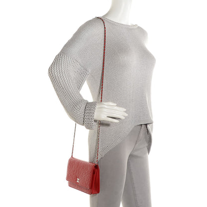 Chanel Lambskin Camellia Embossed Wallet On Chain WOC Red 2 of 10