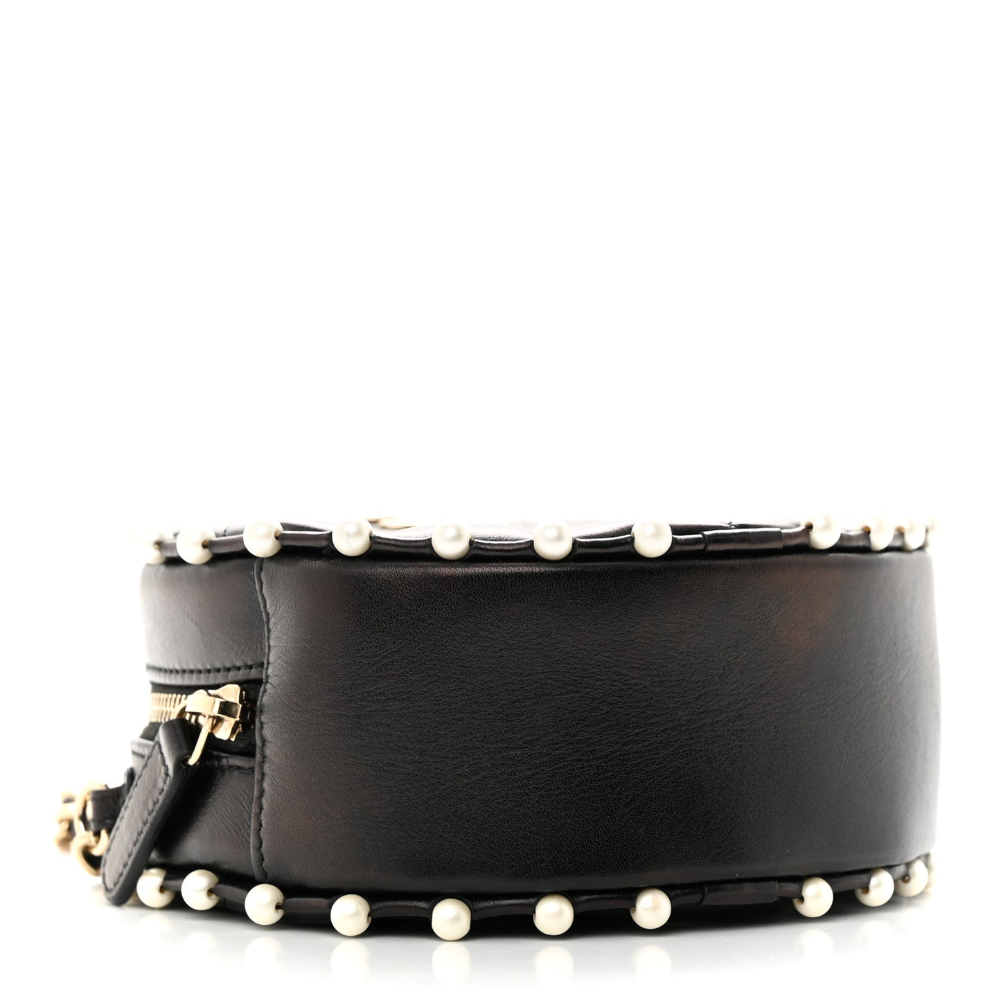 Calfskin Quilted Pearl Round Clutch With Chain Black