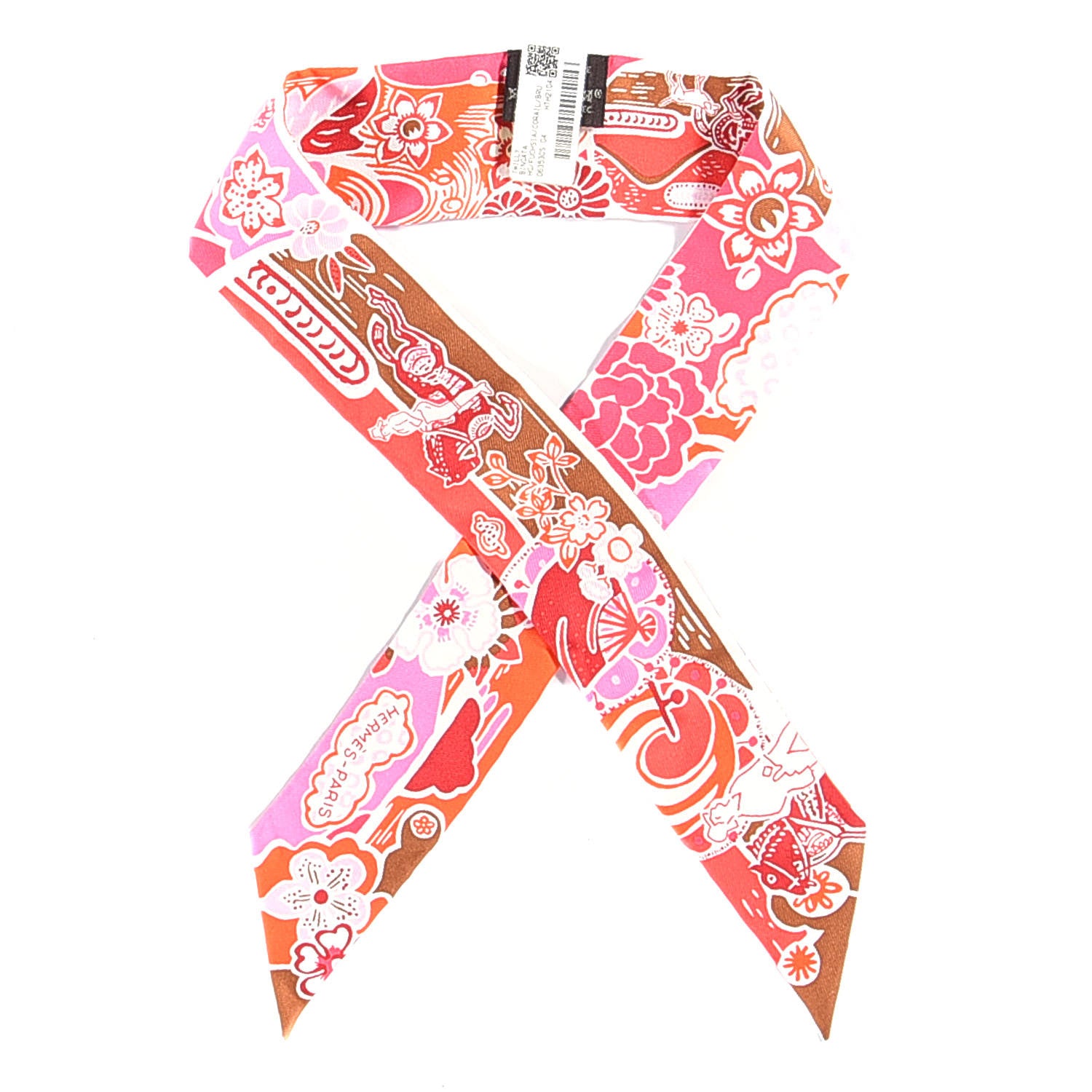 Hermes Silk Bingata Twilly Fuchsia Corail Brun 1 of 4