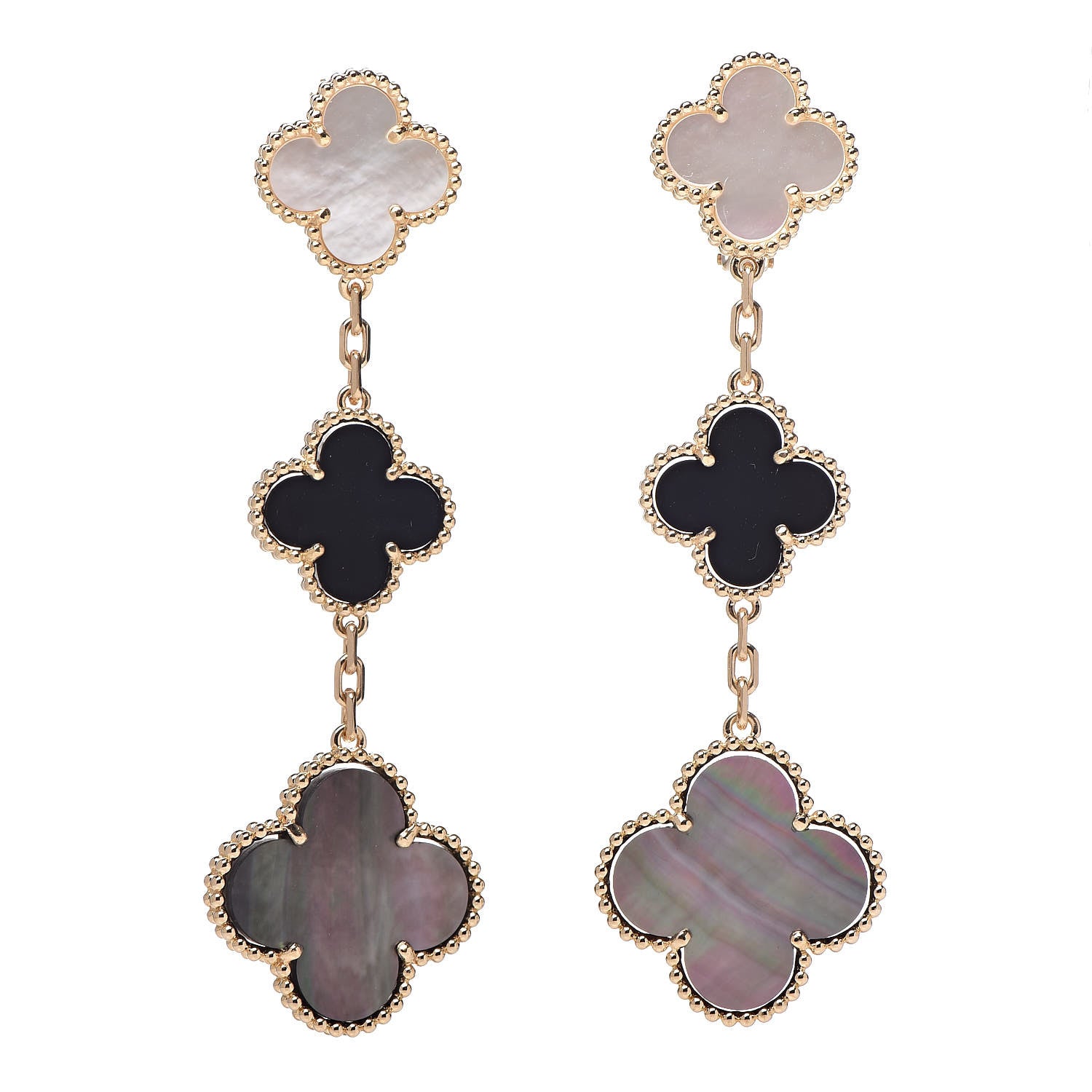 Van Cleef & Arpels 18K Yellow Gold Mother of Pearl Black Onyx 3 Motifs Magic Alhambra Earrings 1 of 4