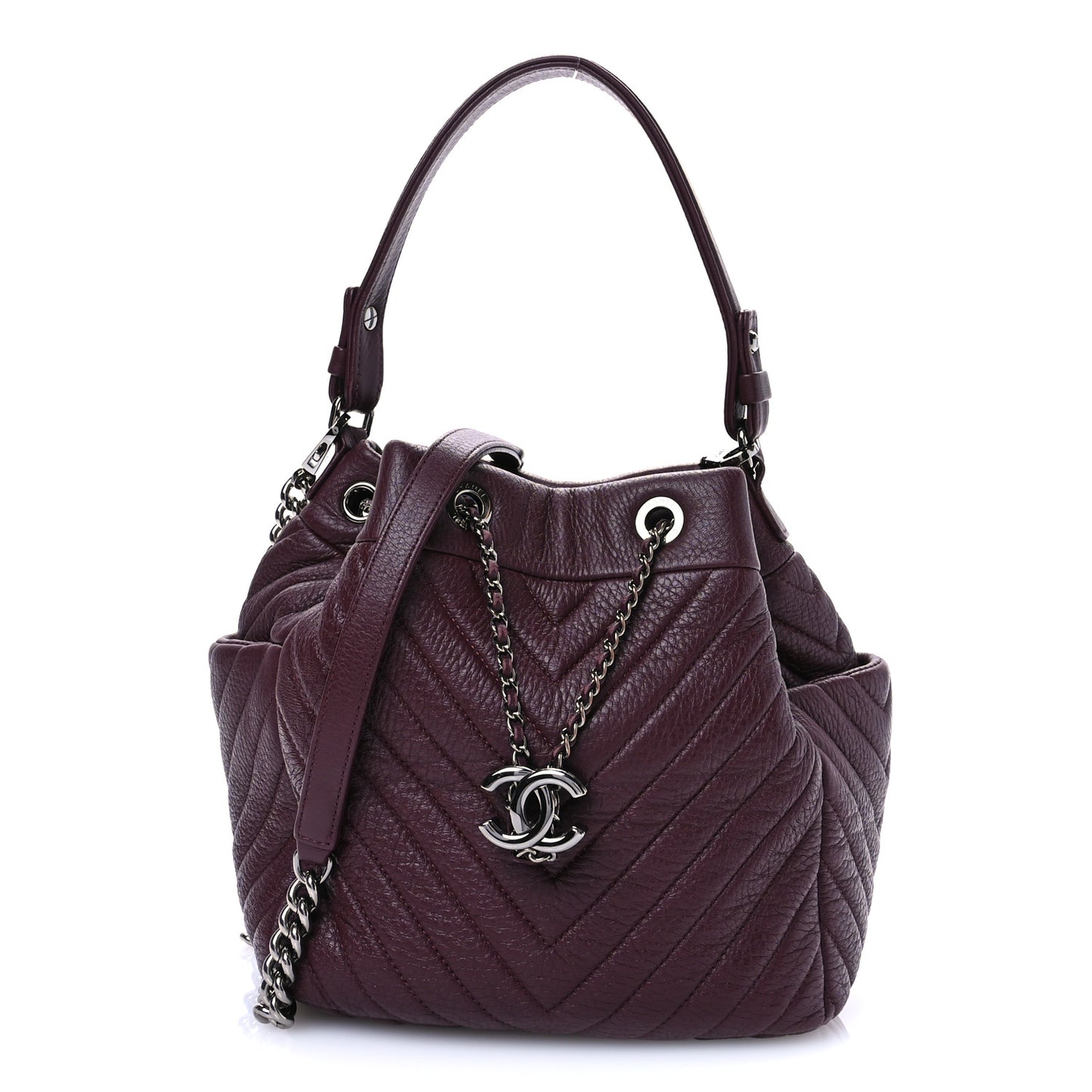 Deerskin Chevron Medium CC Chain Bucket Drawstring Bag Burgundy