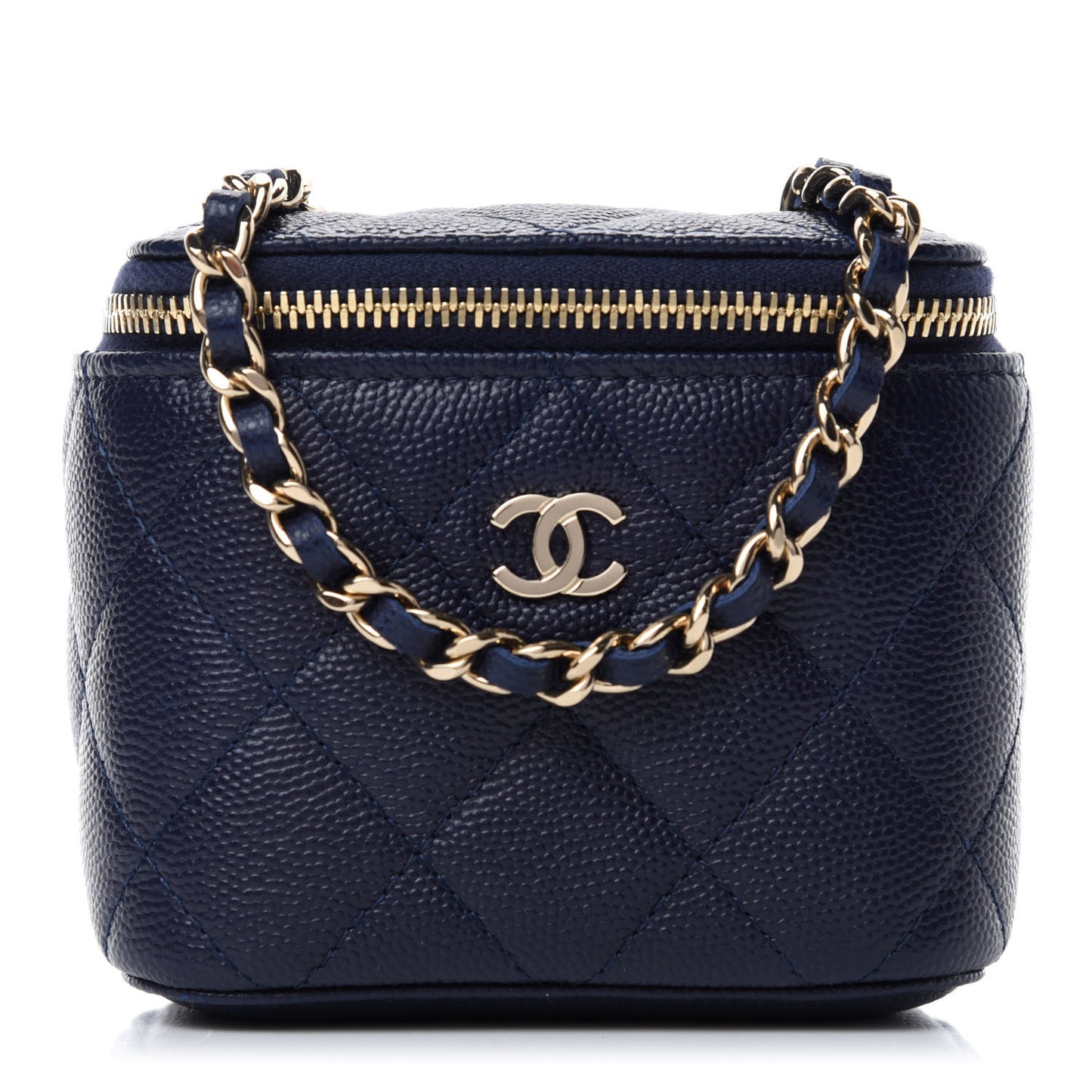 Caviar Quilted Mini Vanity Case With Chain Navy Blue