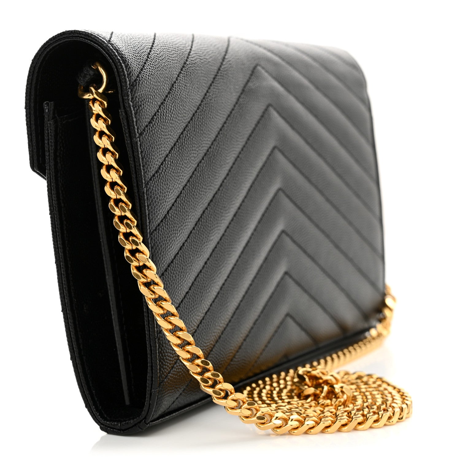 Saint Laurent Grain De Poudre Matelasse Chevron Monogram Chain Wallet Black 3 of 11