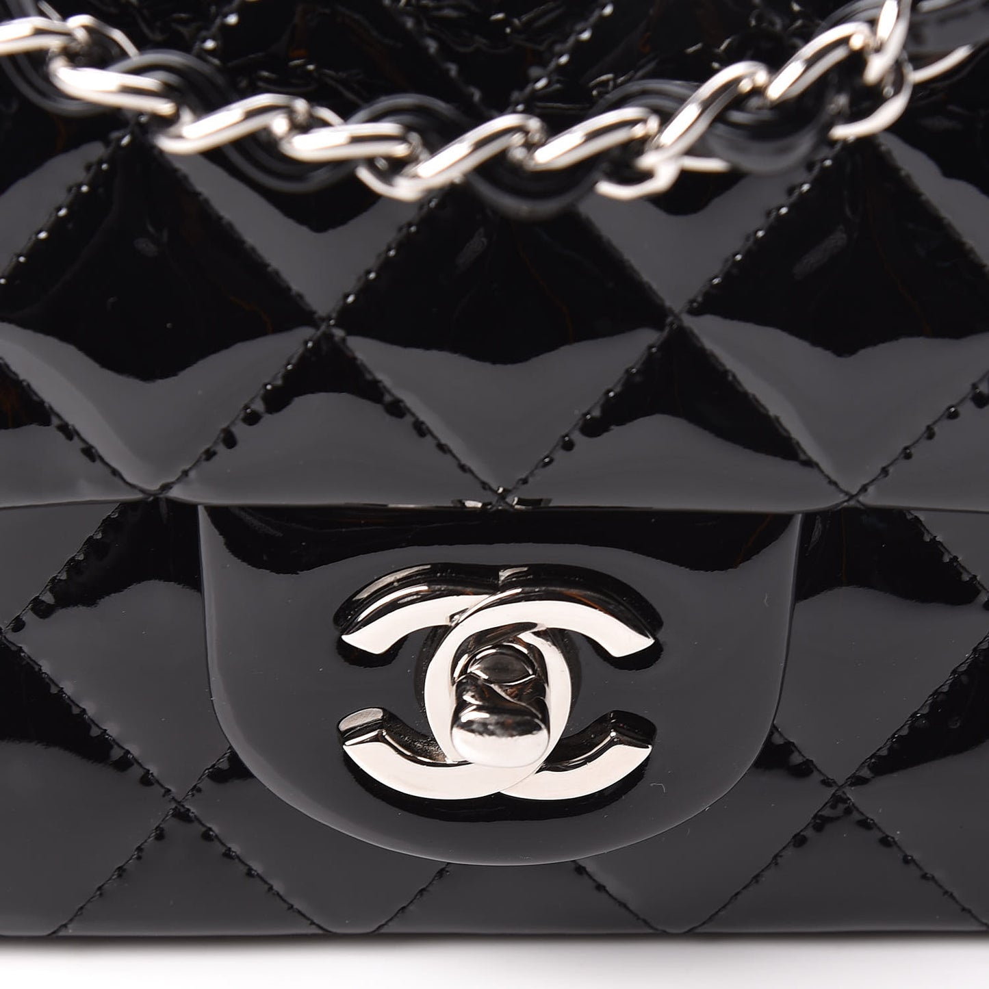 Patent Calfskin Quilted Mini Rectangular Flap Black