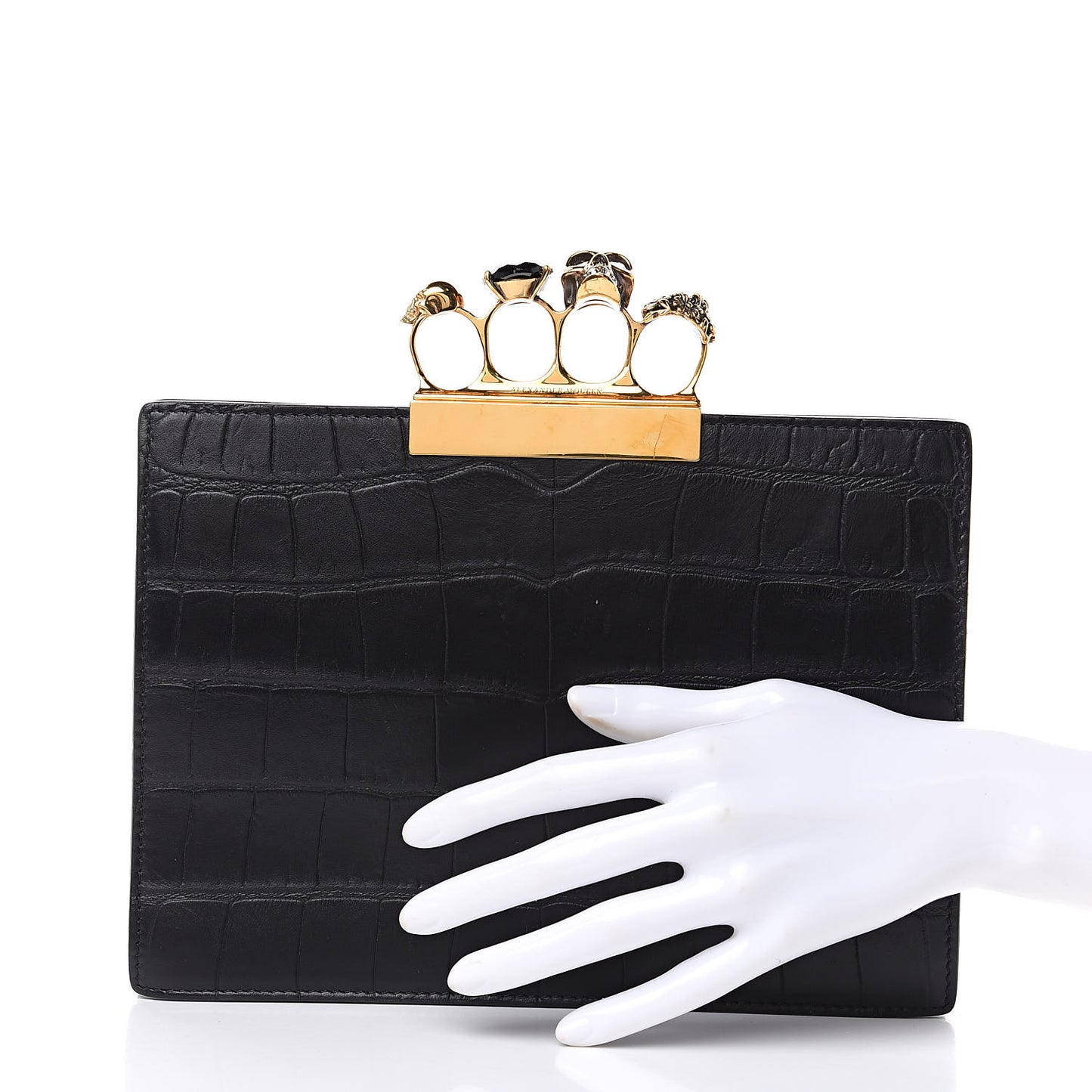 Calfskin Crocodile Embossed Knuckle Flat Clutch Black Gold