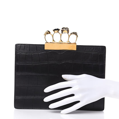 Alexander McQueen Calfskin Crocodile Embossed Knuckle Flat Clutch Black Gold 2 of 9