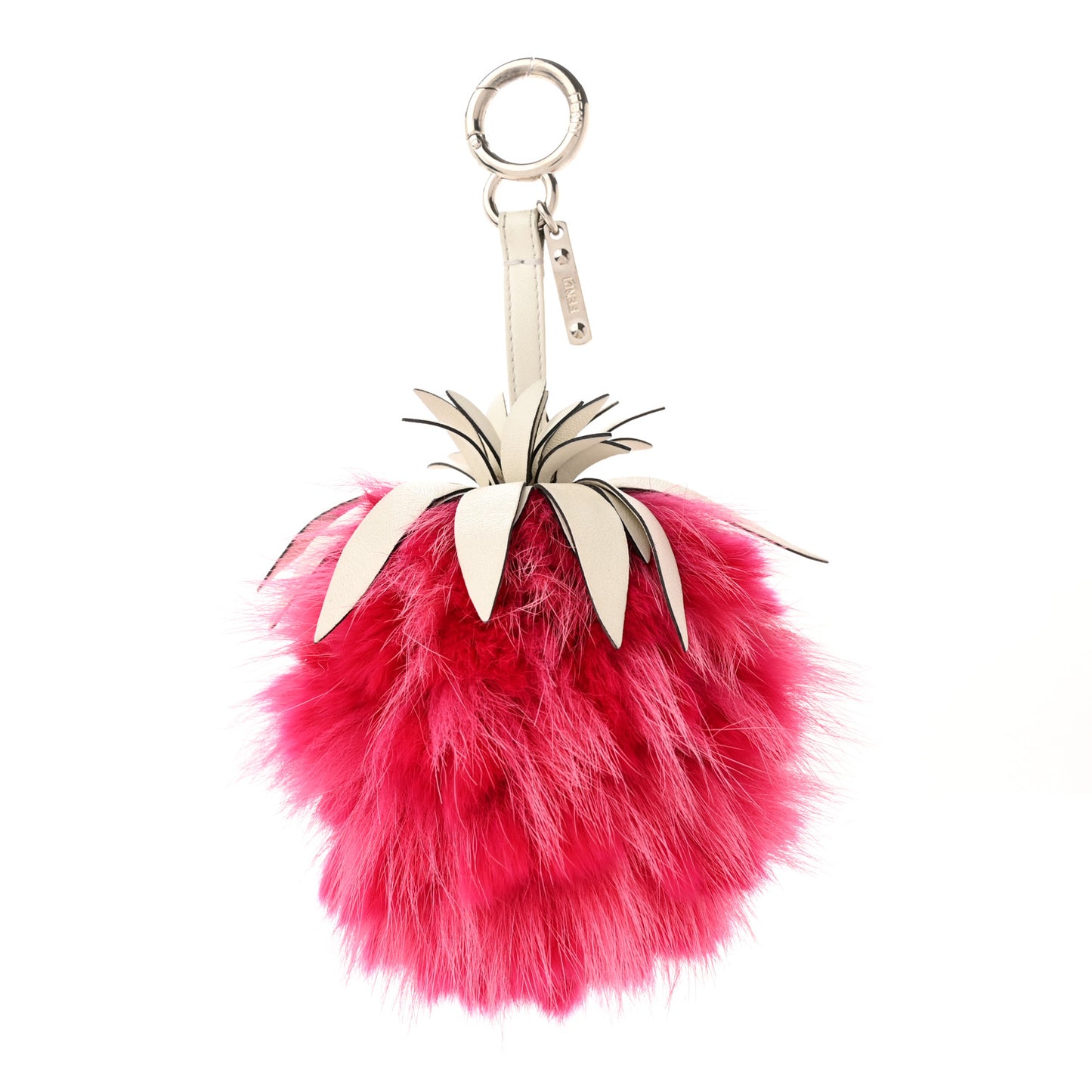 Fox Rabbit Fur Nappa Pineapple Bag Charm Fuxia White