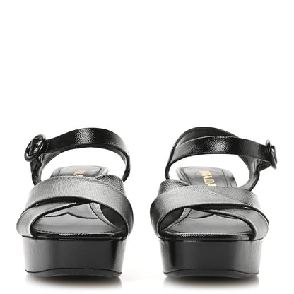 Prada Vernice Saffiano Embossed Crisscross Platform 20/65mm Sandals 37.5 Black 3 of 7