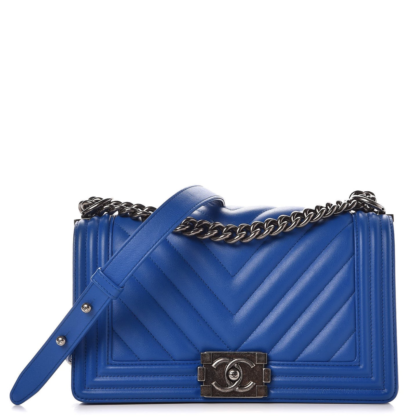 Calfskin Chevron Quilted Medium Boy Flap Bright Blue