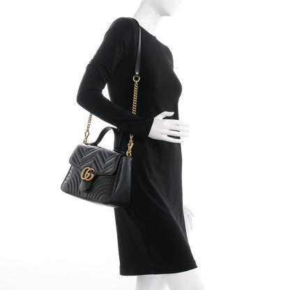 Gucci Calfskin Matelasse Small GG Marmont Top Handle Shoulder Bag Black 2 of 8