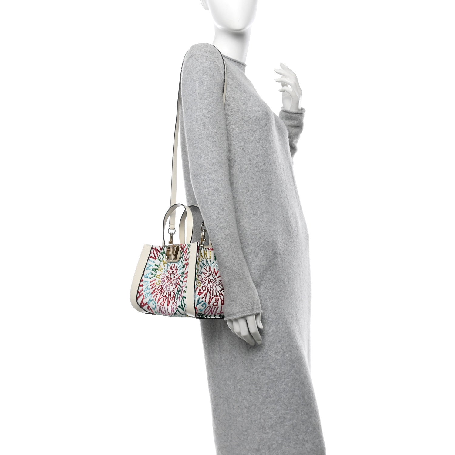 Valentino Garavani Canvas Calfskin Crystal Small Escape Loop Vlogo Signature Tote White Multicolor 2 of 10