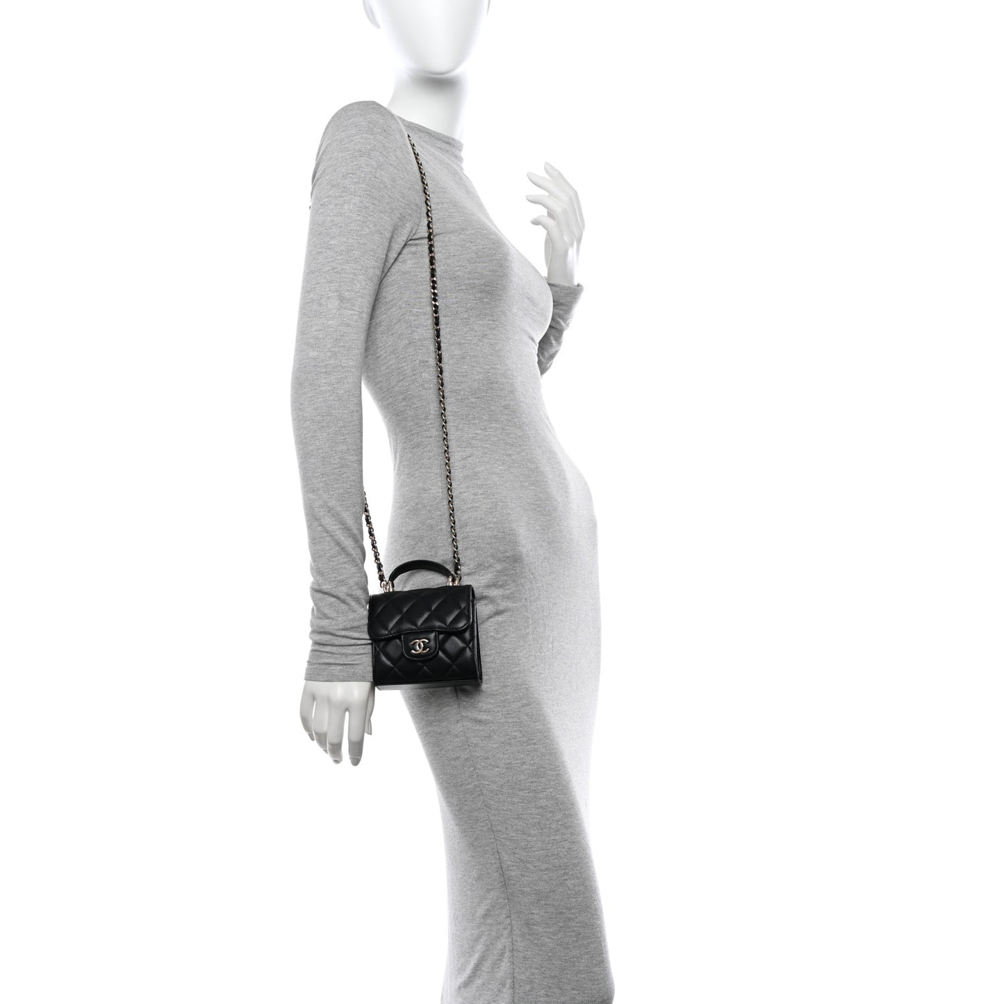 Lambskin Quilted Top Handle Flap Clutch With Chain Black