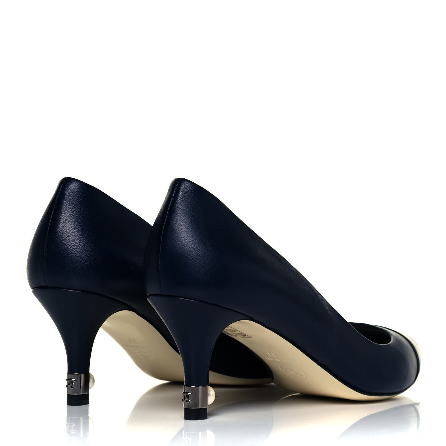 Chanel Lambskin Pearl Cap Toe Pumps 37 Navy Blue Black 5 of 10