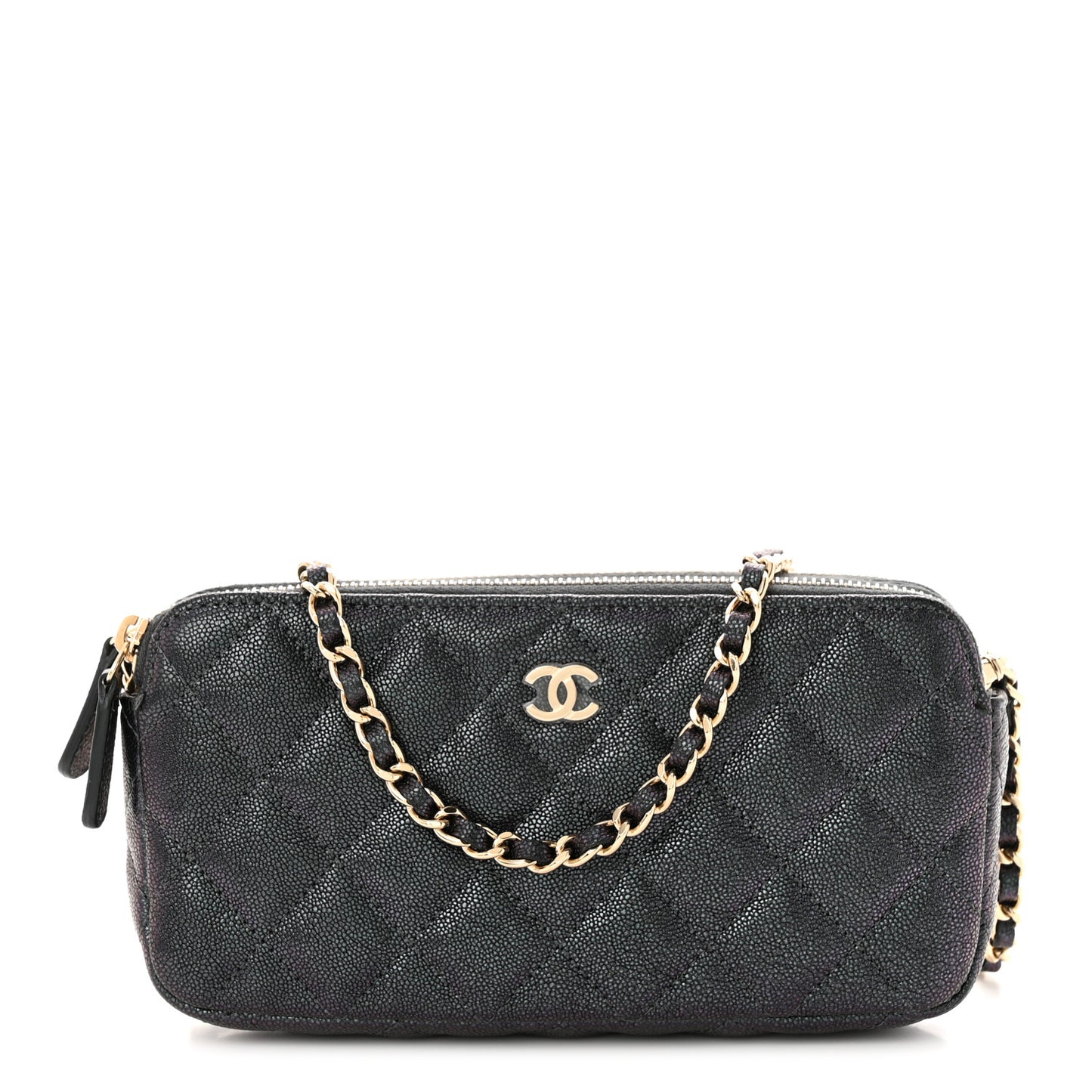 Iridescent Caviar Quilted Small Clutch With Chain Black