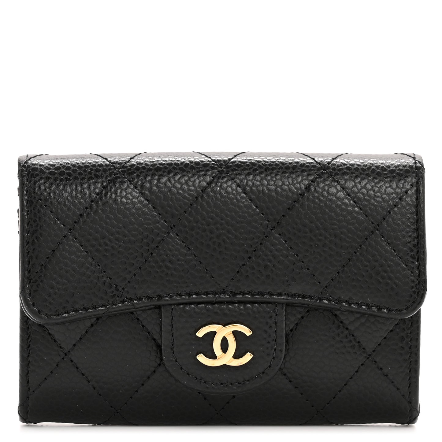 Caviar Quilted Flap Card Holder Wallet Black
