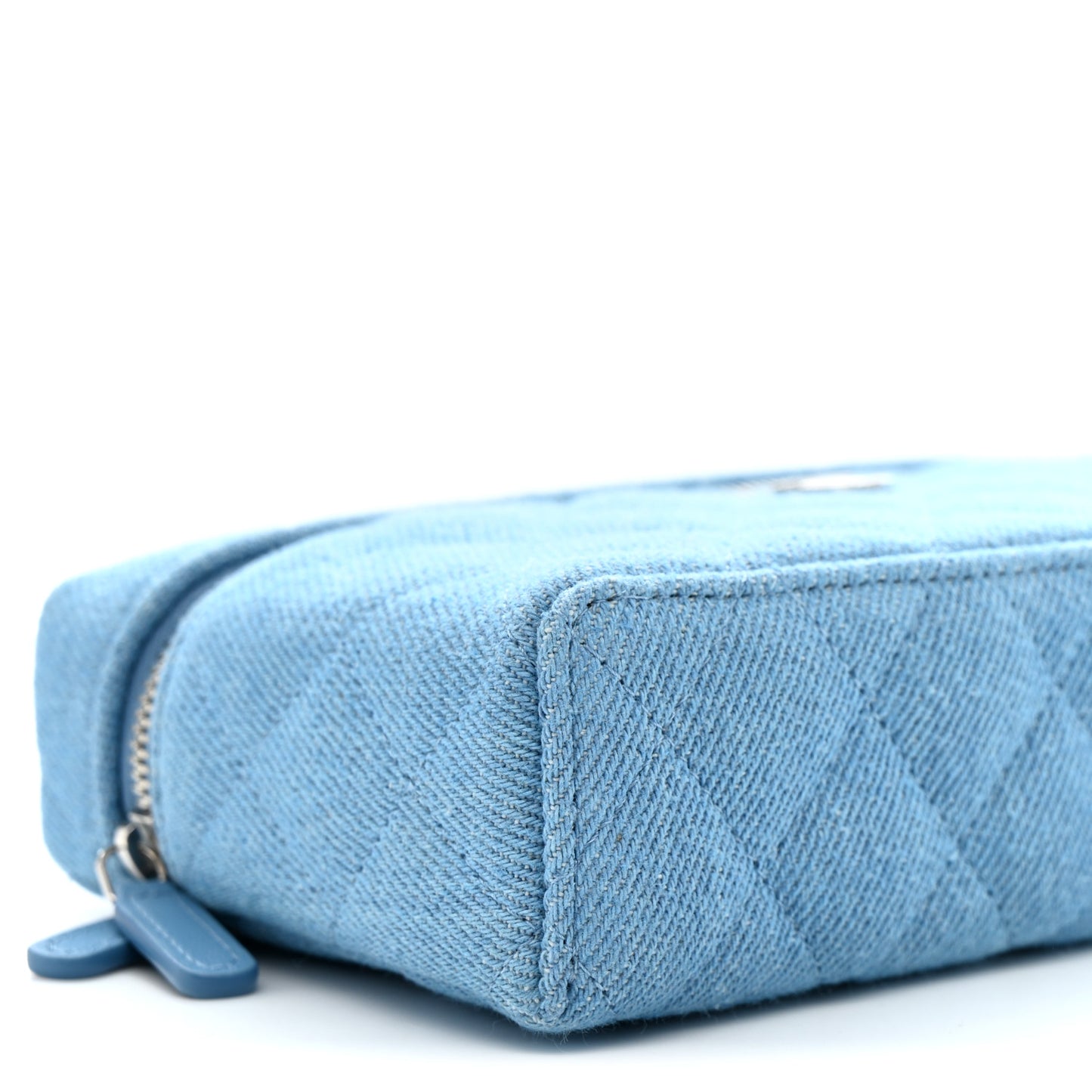 Denim Quilted Top Handle Slim Vanity Case With Chain Blue