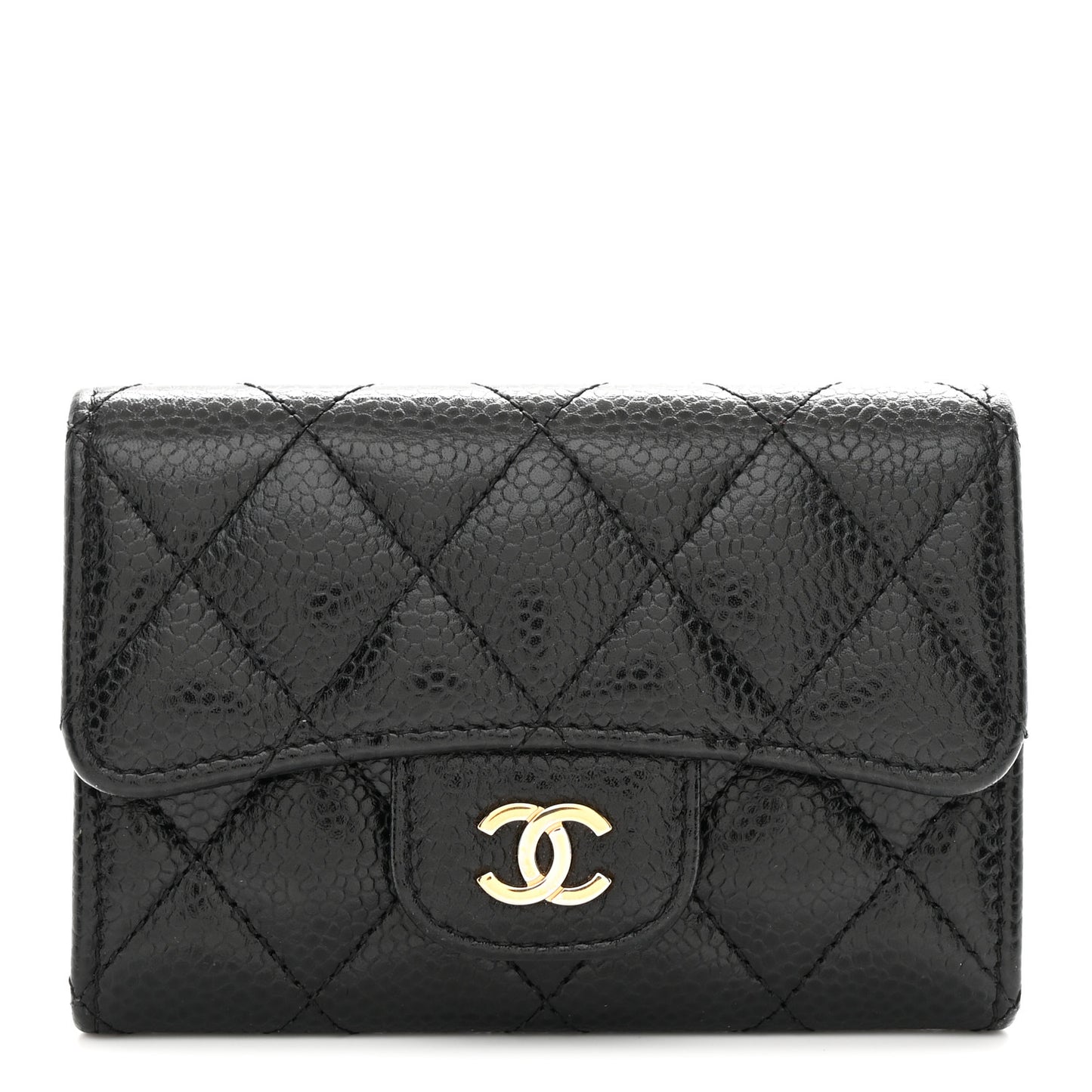 Caviar Quilted Flap Card Holder Wallet Black
