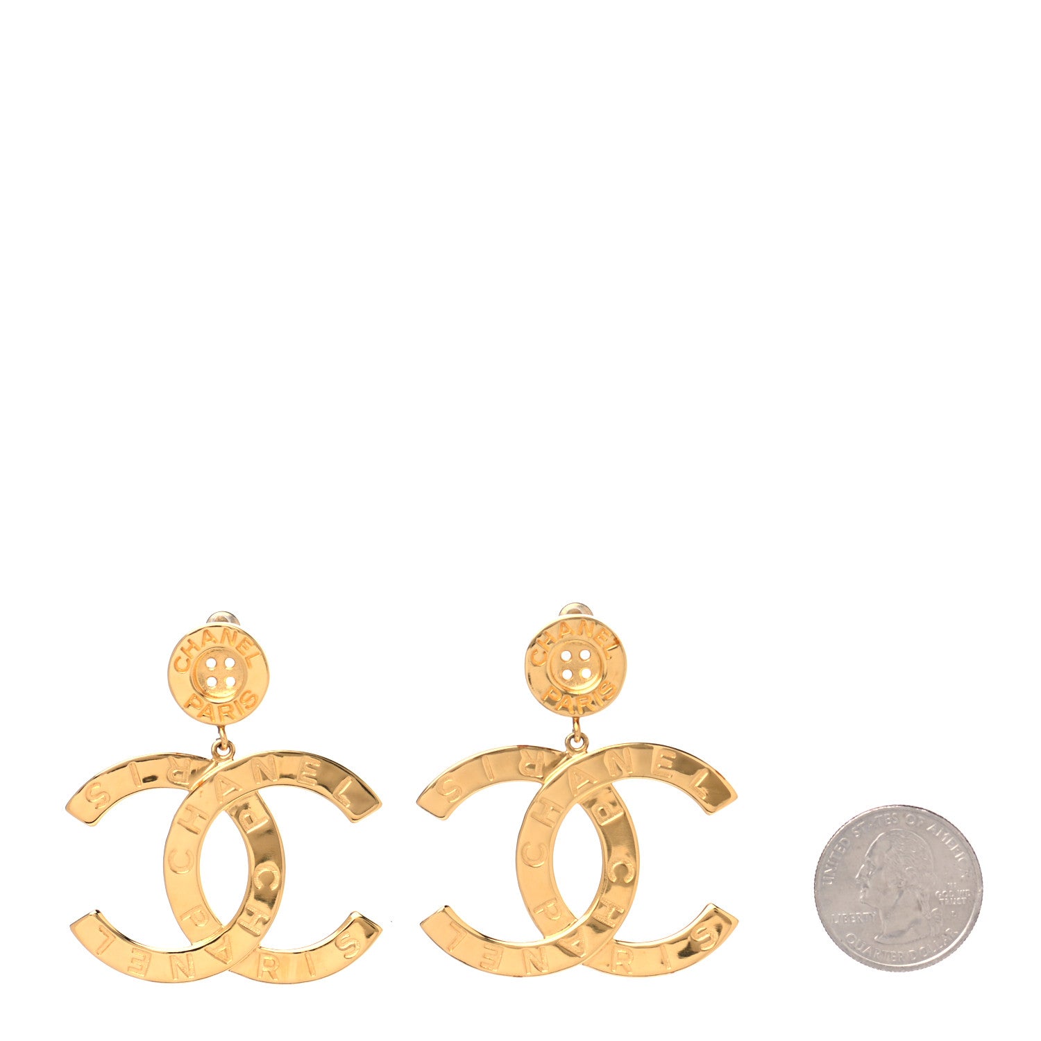 Chanel Metal Large Paris Button Earrings Gold 2 of 4