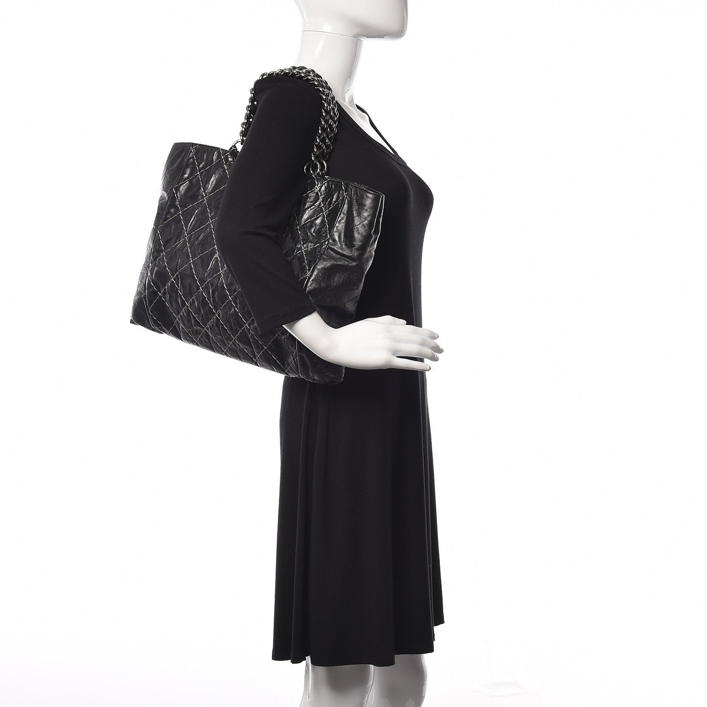 Glazed Goatskin Double Contrast Stitch Tote Black