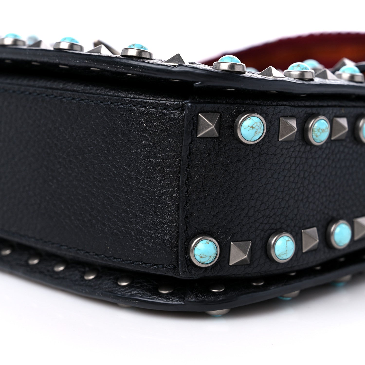 Valentino Garavani Pebbled Calfskin Beaded Medium Guitar Strap Rockstud Rolling Flap Saddle Bag Black 8 of 8