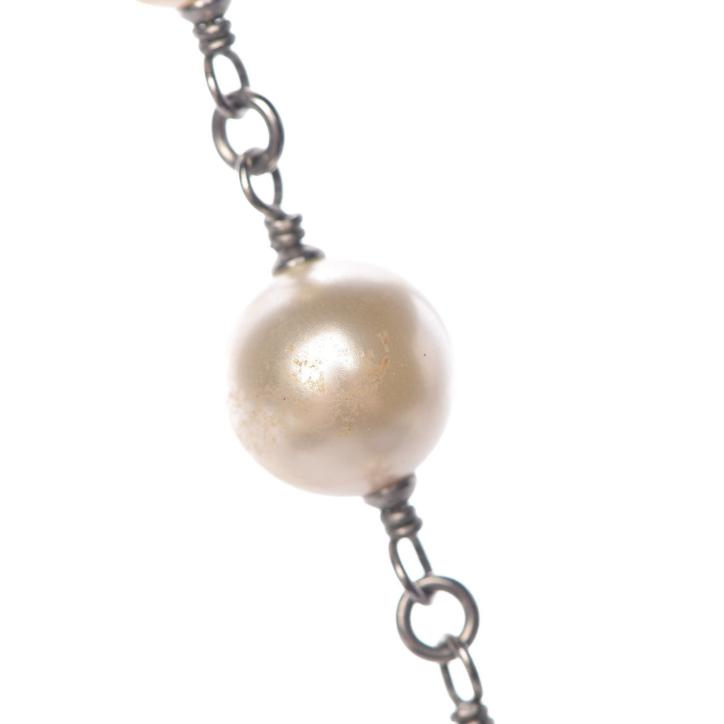 Graduated Pearl Crystal CC Long Necklace Silver Pearly White