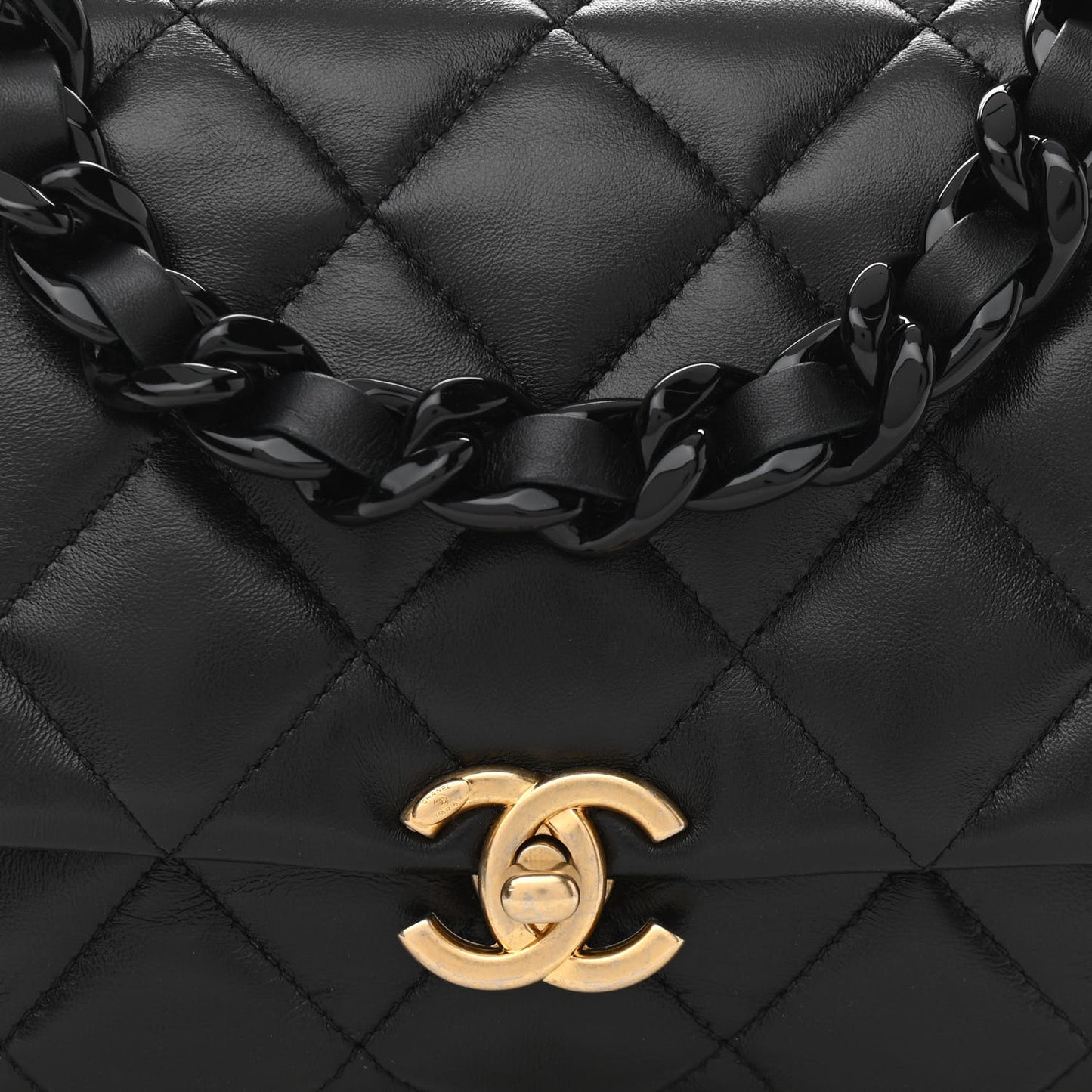 Lambskin Quilted Small Lacquered Chain Flap Black