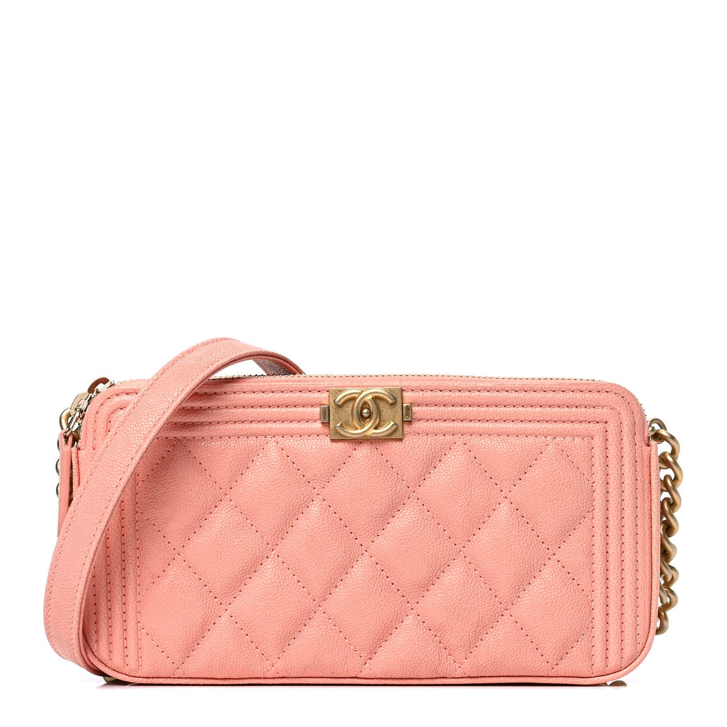 Caviar Quilted Small Boy Clutch With Chain Light Pink