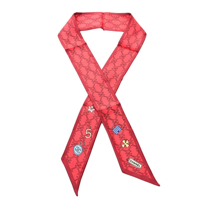 Chanel Silk CC Lucky Symbols Slim Bandeau Scarf Red Multicolor 1 of 3