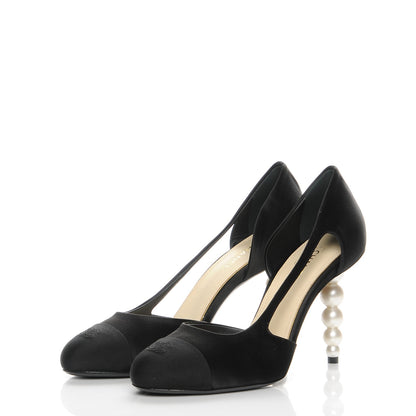 Chanel Satin Grosgrain Cap Toe Pearl Pumps 42 Black 3 of 10