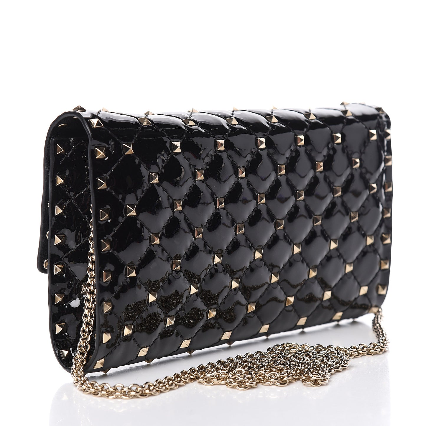 Patent Rockstud Spike Wallet on Chain Black