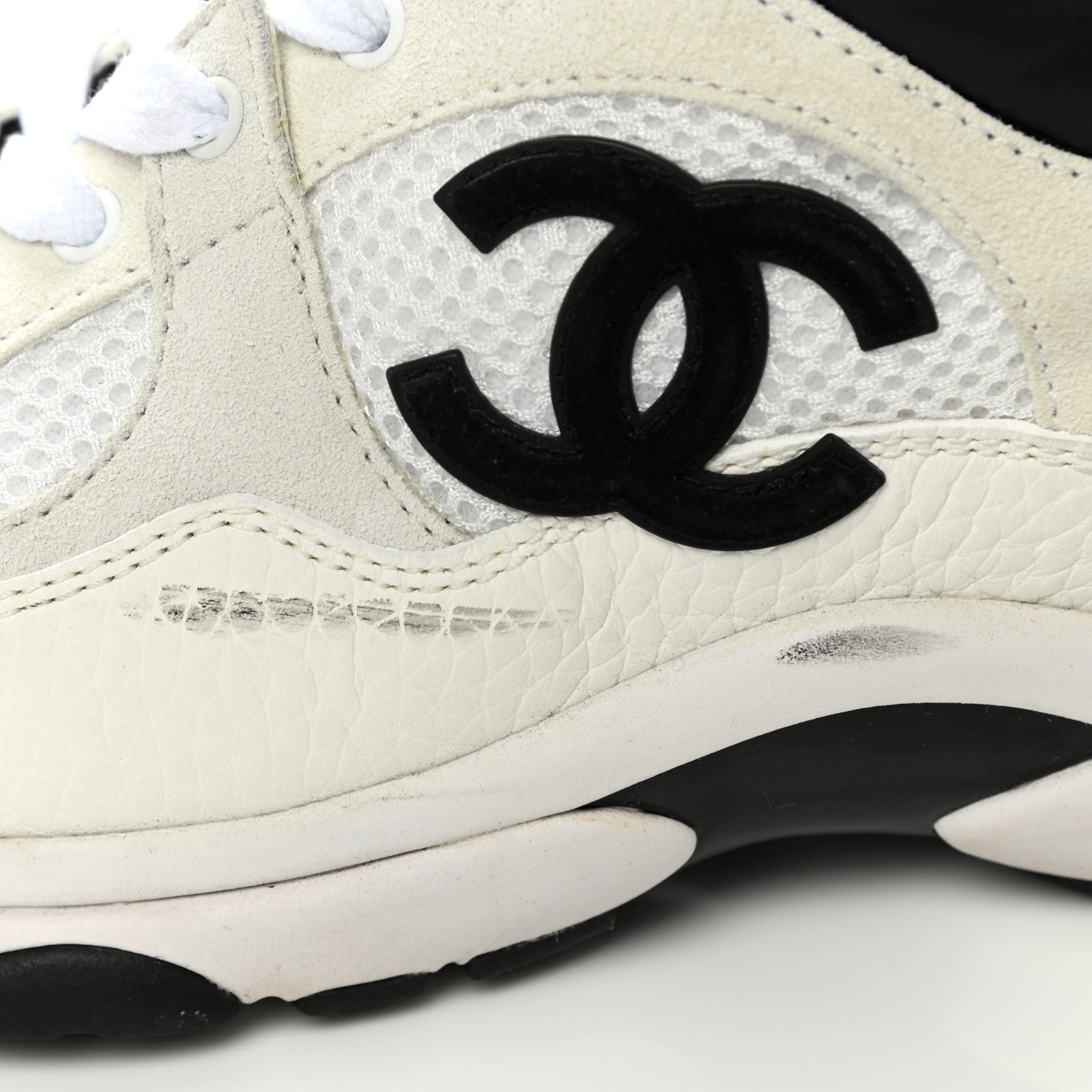 Chanel Mesh Suede Calfskin Grained Calfskin Womens CC Sneakers 36 White Black 10 of 12