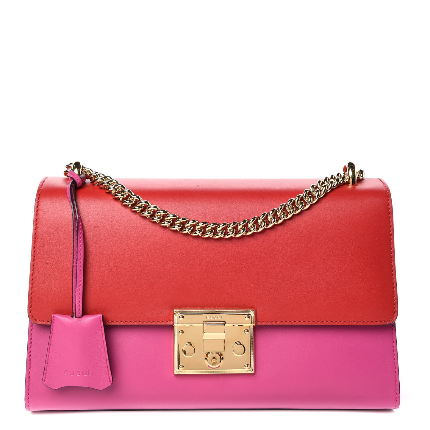 Moon Calfskin Bi-Color Medium Padlock Shoulder Bag New Rosette Hibiscus Red